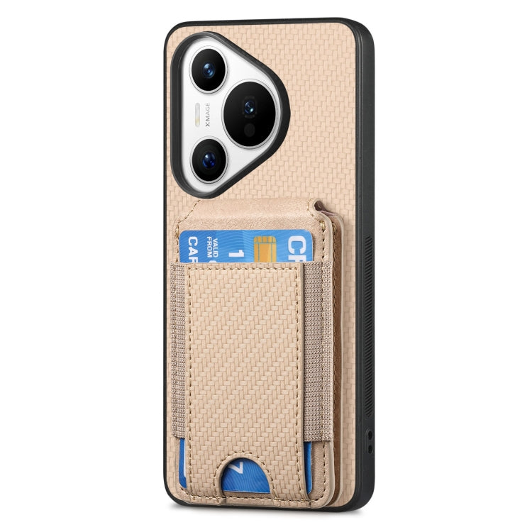 For Huawei Pura 70 Pro+ Carbon Fiber Vertical Flip Wallet Stand Phone Case(Khaki) - Huawei Cases by PMC Jewellery | Online Shopping South Africa | PMC Jewellery | Buy Now Pay Later Mobicred