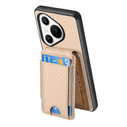 For Huawei Pura 70 Pro+ Carbon Fiber Vertical Flip Wallet Stand Phone Case(Khaki) - Huawei Cases by PMC Jewellery | Online Shopping South Africa | PMC Jewellery | Buy Now Pay Later Mobicred