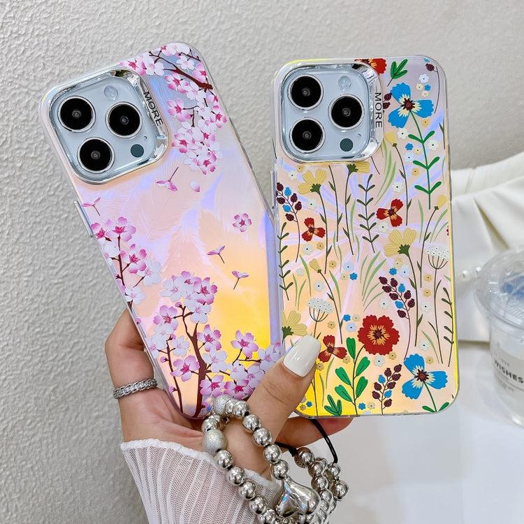 For iPhone 16 Electroplating Laser Flower Phone Case with Wrist Strap(Myosotis AH2) - iPhone 16 Cases by PMC TechLife | Online Shopping South Africa | PMC TechLife | Buy Now Pay Later Mobicred