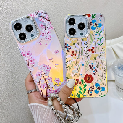 For iPhone 16 Electroplating Laser Flower Phone Case with Wrist Strap(Peach Blossom AH4) - iPhone 16 Cases by PMC Jewellery | Online Shopping South Africa | PMC Jewellery | Buy Now Pay Later Mobicred