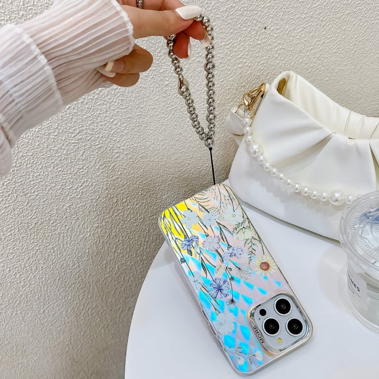 For iPhone 16 Electroplating Laser Flower Phone Case with Wrist Strap(Chrysanthemum AH5) - iPhone 16 Cases by PMC TechLife | Online Shopping South Africa | PMC TechLife | Buy Now Pay Later Mobicred