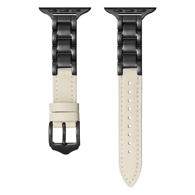 For Apple Watch SE 2023 44mm Ceramic Color Buckle Contrast Leather Watch Band(Beige+Black+Black Buckle) - Watch Bands by PMC TechLife | Online Shopping South Africa | PMC TechLife | Buy Now Pay Later Mobicred