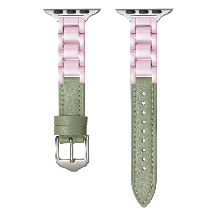 For Apple Watch SE 2023 44mm Ceramic Color Buckle Contrast Leather Watch Band(Mint Green+Pink+Silver Buckle) - Watch Bands by PMC TechLife | Online Shopping South Africa | PMC TechLife | Buy Now Pay Later Mobicred