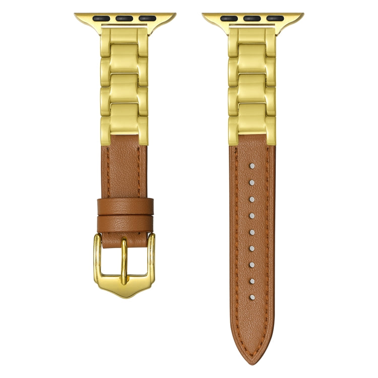 For Apple Watch Series 9 45mm Ceramic Color Buckle Contrast Leather Watch Band(Brown+Gold+Gold Buckle) - free shipping - PMC TechLife - Order now!