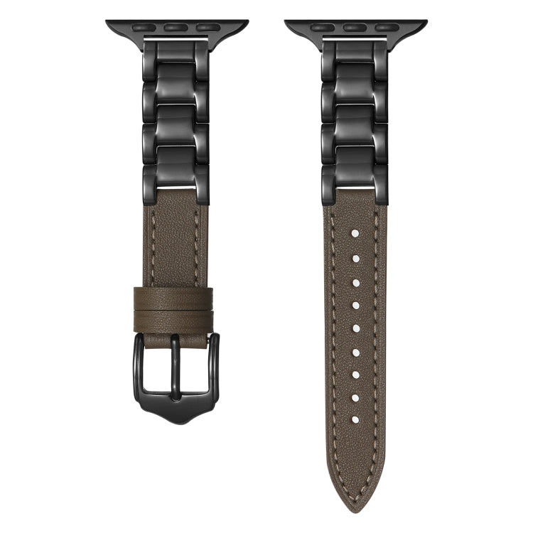 For Apple Watch Ultra 49mm Ceramic Color Buckle Contrast Leather Watch Band(Taupe+Black+Black Buckle) - Watch Bands by PMC TechLife | Online Shopping South Africa | PMC TechLife | Buy Now Pay Later Mobicred