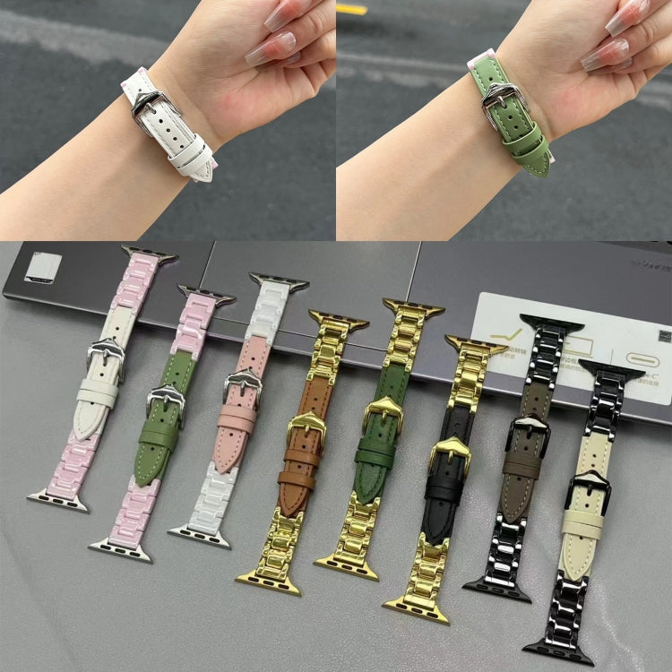 For Apple Watch Series 4 44mm Ceramic Color Buckle Contrast Leather Watch Band(Light Pink+White+Silver Buckle) - Watch Bands by PMC TechLife | Online Shopping South Africa | PMC TechLife | Buy Now Pay Later Mobicred
