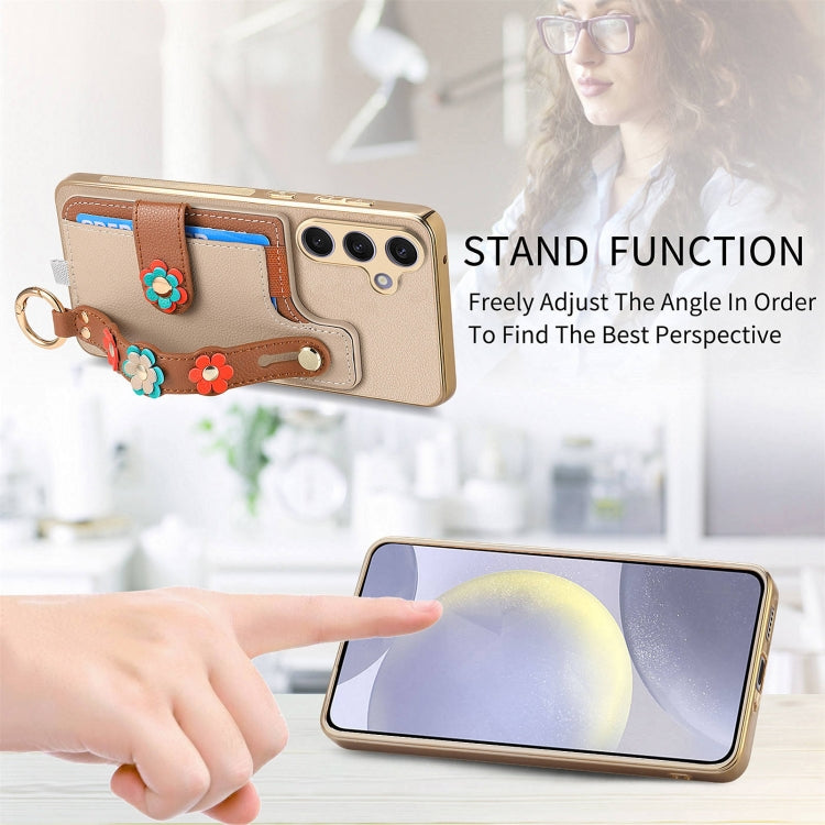 For Samsung Galaxy S24+ 5G Stereoscopic Flowers Wristband Card Bag Phone Case(Khaki) - Galaxy S24+ 5G Cases by PMC Jewellery | Online Shopping South Africa | PMC Jewellery | Buy Now Pay Later Mobicred