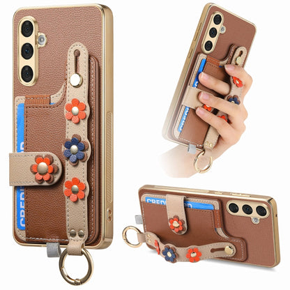 For Samsung Galaxy S24+ 5G Stereoscopic Flowers Wristband Card Bag Phone Case(Brown) - Galaxy S24+ 5G Cases by PMC Jewellery | Online Shopping South Africa | PMC Jewellery | Buy Now Pay Later Mobicred