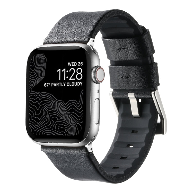 For Apple Watch Series 8 41mm Genuine Leather Hybrid Silicone Watch Band(Black Sliver Buckle) - Watch Bands by PMC TechLife | Online Shopping South Africa | PMC TechLife | Buy Now Pay Later Mobicred