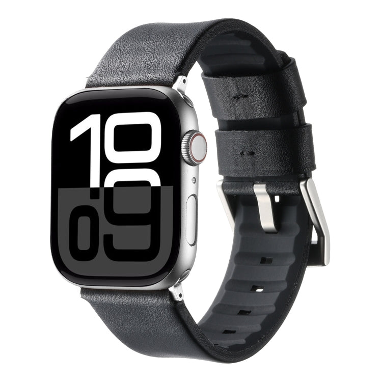 For Apple Watch Series 10 42mm Genuine Leather Hybrid Silicone Watch Band(Black Sliver Buckle) - Watch Bands by PMC TechLife | Online Shopping South Africa | PMC TechLife | Buy Now Pay Later Mobicred