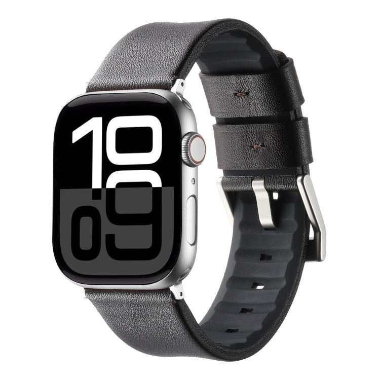 For Apple Watch Series 10 46mm Genuine Leather Hybrid Silicone Watch Band(Coffee Sliver Buckle) - Watch Bands by PMC TechLife | Online Shopping South Africa | PMC TechLife | Buy Now Pay Later Mobicred