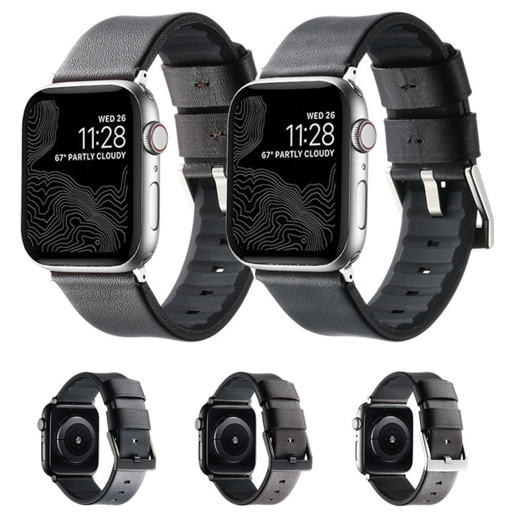 For Apple Watch Series 10 46mm Genuine Leather Hybrid Silicone Watch Band(Black Sliver Buckle) - Watch Bands by PMC TechLife | Online Shopping South Africa | PMC TechLife | Buy Now Pay Later Mobicred