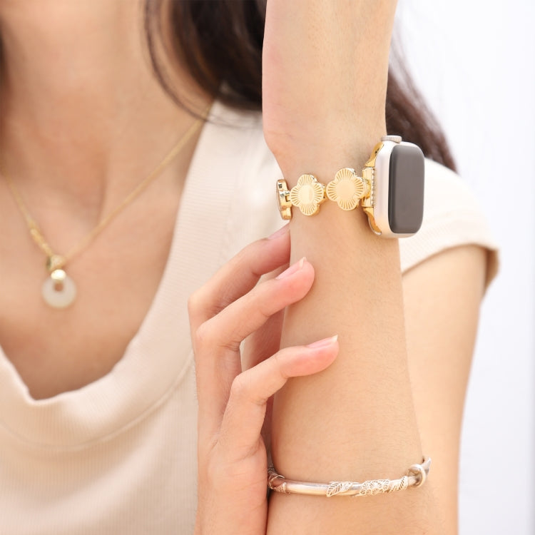 For Apple Watch Series 9 45mm Four Leaf Clover Quick-Release Metal Chain Watch Band(Gold) - free shipping - PMC TechLife - Order now!