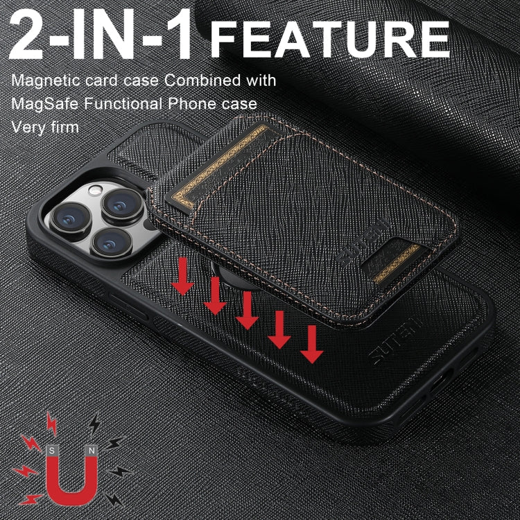 For iPhone 15 Pro Max Suteni M2 Cross-Grain MagSafe Vertical Card Back Phone Case(Black) - iPhone 15 Pro Max Cases by Suteni | Online Shopping South Africa | PMC Jewellery | Buy Now Pay Later Mobicred