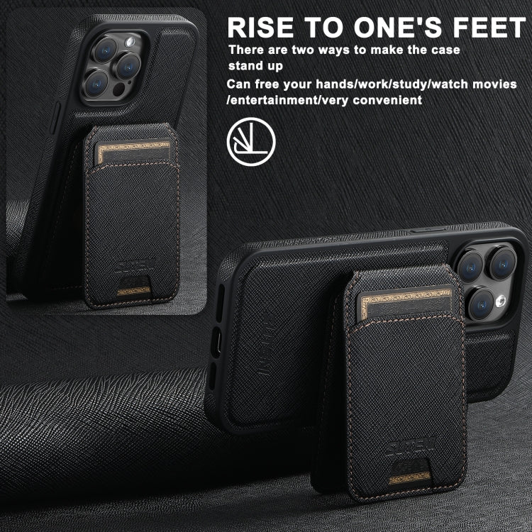 For iPhone 14 Pro Suteni M2 Cross-Grain MagSafe Vertical Card Back Phone Case(Black) - iPhone 14 Pro Cases by Suteni | Online Shopping South Africa | PMC Jewellery | Buy Now Pay Later Mobicred