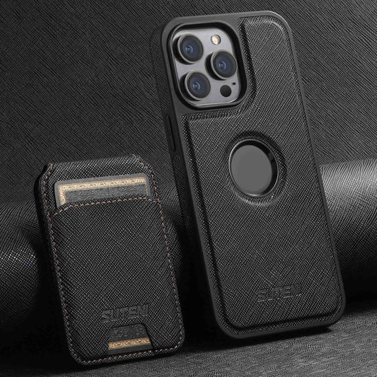 For iPhone 13 Pro Suteni M2 Cross-Grain MagSafe Vertical Card Back Phone Case(Black) - iPhone 13 Pro Cases by Suteni | Online Shopping South Africa | PMC Jewellery | Buy Now Pay Later Mobicred