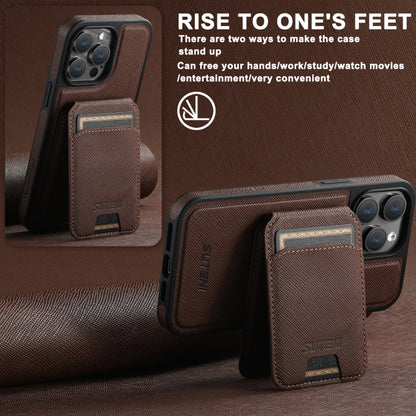 For iPhone 13 Pro Suteni M2 Cross-Grain MagSafe Vertical Card Back Phone Case(Brown) - iPhone 13 Pro Cases by Suteni | Online Shopping South Africa | PMC Jewellery | Buy Now Pay Later Mobicred