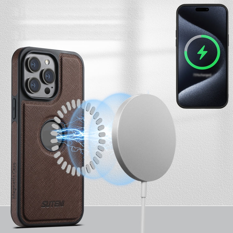 For iPhone 13 Pro Suteni M2 Cross-Grain MagSafe Vertical Card Back Phone Case(Brown) - iPhone 13 Pro Cases by Suteni | Online Shopping South Africa | PMC Jewellery | Buy Now Pay Later Mobicred