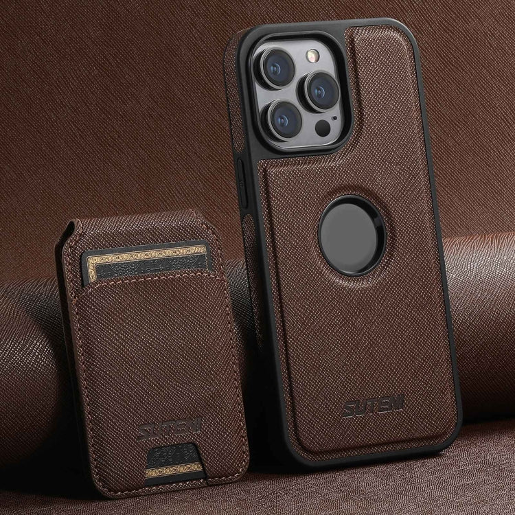 For iPhone 12 Pro Max Suteni M2 Cross-Grain MagSafe Vertical Card Back Phone Case(Brown) - iPhone 12 Pro Max Cases by Suteni | Online Shopping South Africa | PMC Jewellery | Buy Now Pay Later Mobicred