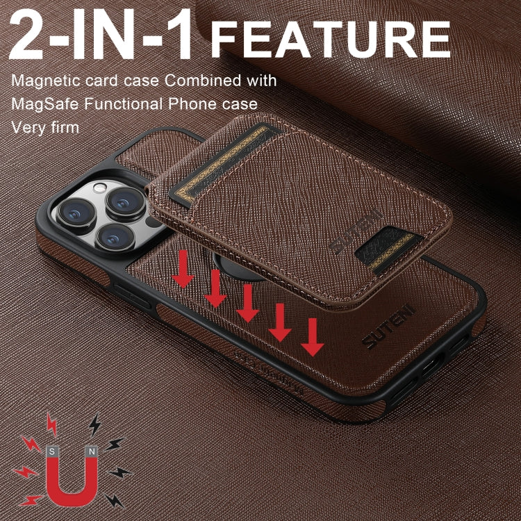 For iPhone 16 Suteni M2 Cross-Grain MagSafe Vertical Card Back Phone Case(Brown) - iPhone 16 Cases by Suteni | Online Shopping South Africa | PMC Jewellery | Buy Now Pay Later Mobicred