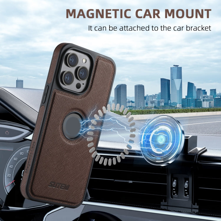 For iPhone 16 Suteni M2 Cross-Grain MagSafe Vertical Card Back Phone Case(Brown) - free shipping - PMC Jewellery - Order now!
