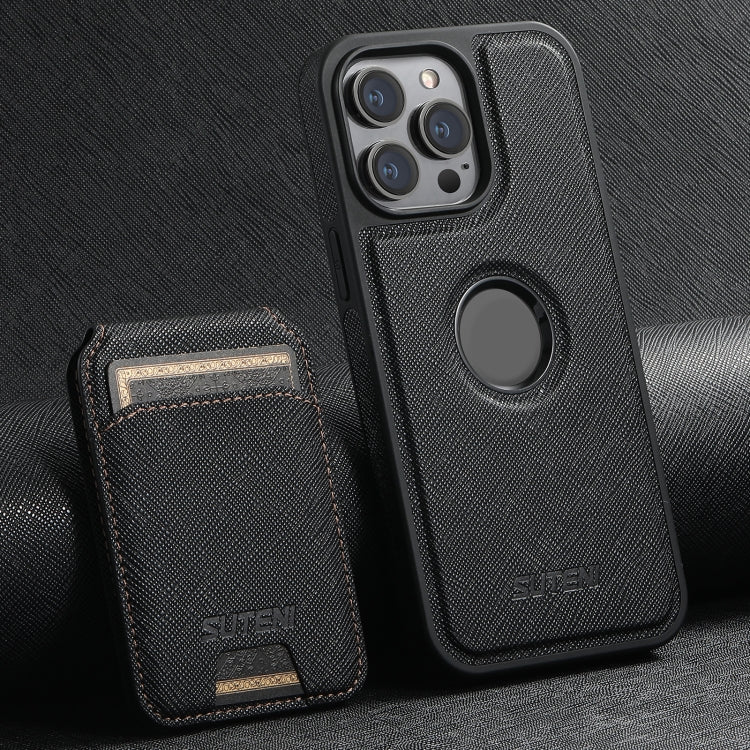 For iPhone 16 Pro Suteni M2 Cross-Grain MagSafe Vertical Card Back Phone Case(Black) - iPhone 16 Pro Cases by Suteni | Online Shopping South Africa | PMC Jewellery | Buy Now Pay Later Mobicred