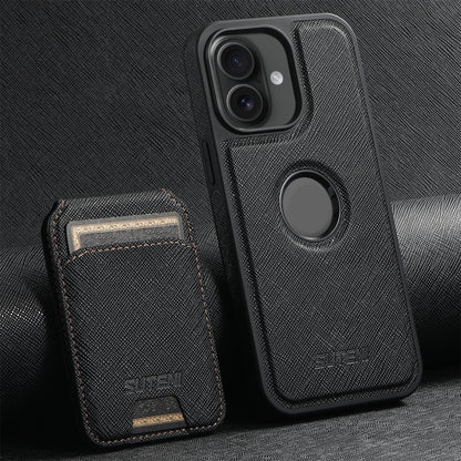 For iPhone 16 Plus Suteni M2 Cross-Grain MagSafe Vertical Card Back Phone Case(Black) - iPhone 16 Plus Cases by Suteni | Online Shopping South Africa | PMC Jewellery | Buy Now Pay Later Mobicred