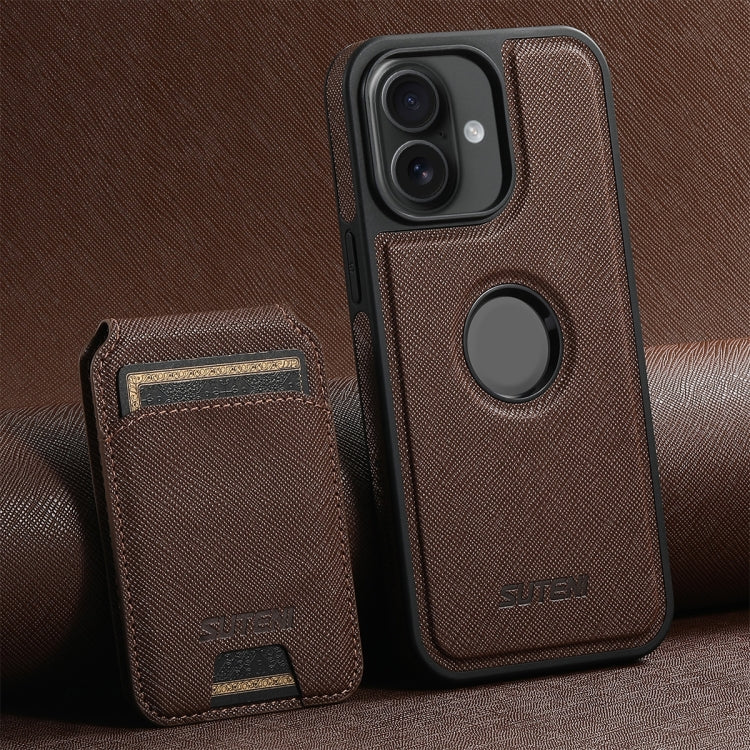 For iPhone 16 Plus Suteni M2 Cross-Grain MagSafe Vertical Card Back Phone Case(Brown) - iPhone 16 Plus Cases by Suteni | Online Shopping South Africa | PMC Jewellery | Buy Now Pay Later Mobicred