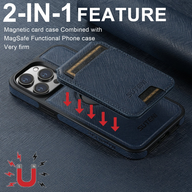 For iPhone 16 Pro Max Suteni M2 Cross-Grain MagSafe Vertical Card Back Phone Case(Blue) - iPhone 16 Pro Max Cases by Suteni | Online Shopping South Africa | PMC Jewellery | Buy Now Pay Later Mobicred