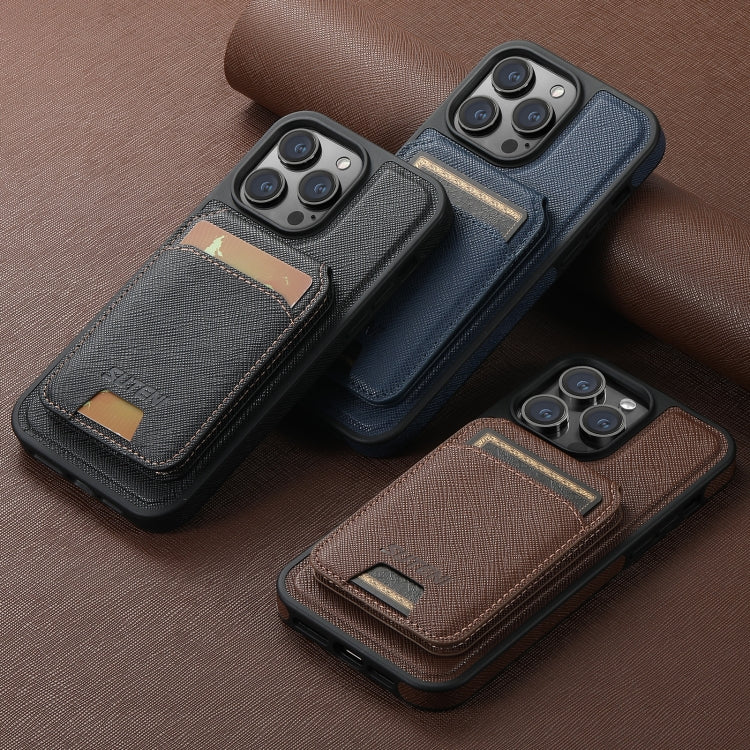 For iPhone 14 Pro Max Suteni M2 Cross-Grain MagSafe Vertical Card Back Phone Case(Brown) - iPhone 14 Pro Max Cases by Suteni | Online Shopping South Africa | PMC Jewellery | Buy Now Pay Later Mobicred