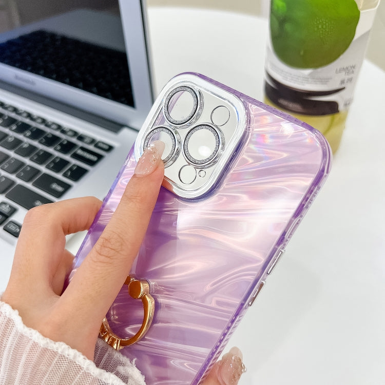 For iPhone 16 Pro Max Plating Glitter Texture Ring Holder TPU Phone Case with Lens Film(White Feather Yarn) - More iPhone Cases by PMC TechLife | Online Shopping South Africa | PMC TechLife | Buy Now Pay Later Mobicred