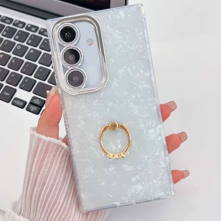 For Samsung Galaxy S25+ 5G Plating Glitter Texture Ring Holder TPU Phone Case with Lens Film(White Shell Pattern) - Galaxy S25+ 5G Cases by PMC Jewellery | Online Shopping South Africa | PMC Jewellery | Buy Now Pay Later Mobicred