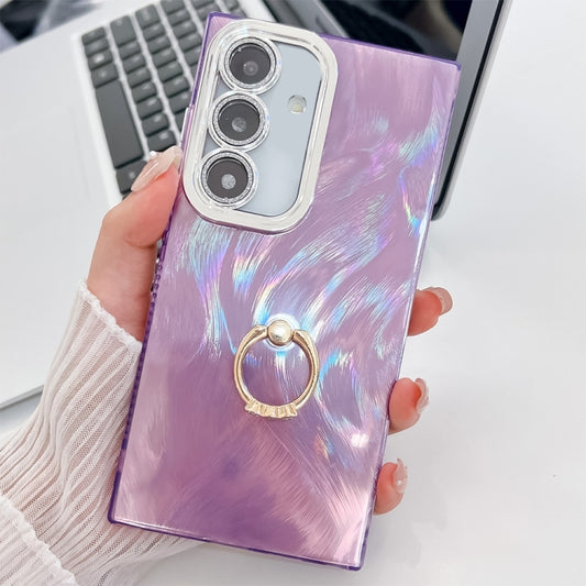 For Samsung Galaxy S25+ 5G Plating Glitter Texture Ring Holder TPU Phone Case with Lens Film(Purple Feather Yarn) - Galaxy S25+ 5G Cases by PMC Jewellery | Online Shopping South Africa | PMC Jewellery | Buy Now Pay Later Mobicred