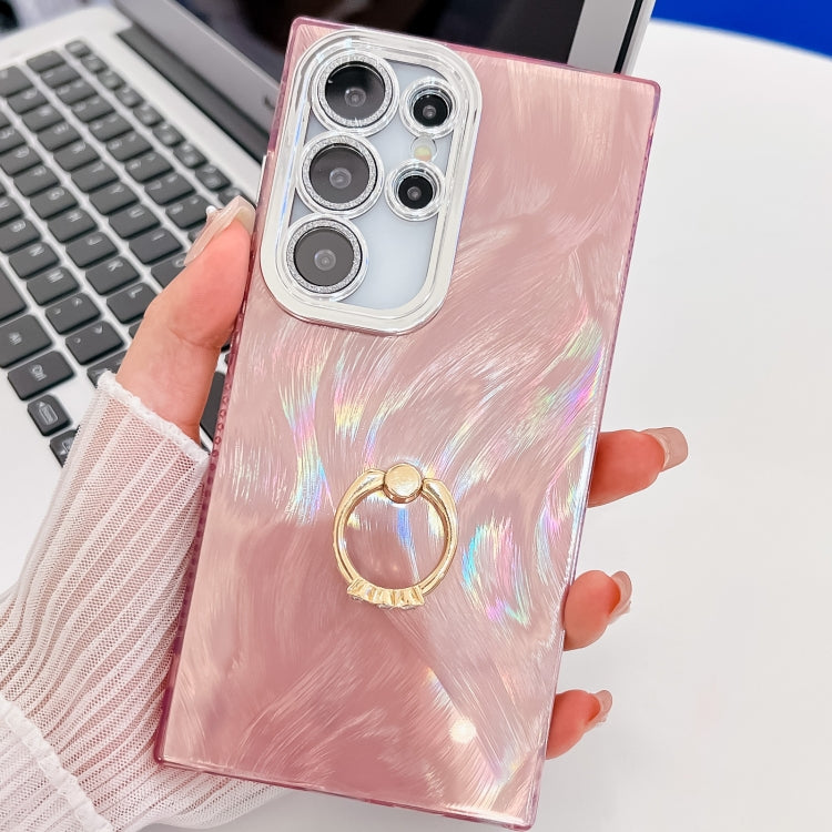For Samsung Galaxy S25 Ultra 5G Plating Glitter Texture Ring Holder TPU Phone Case with Lens Film(Pink Feather Yarn) - Galaxy S25 Ultra 5G Cases by PMC Jewellery | Online Shopping South Africa | PMC Jewellery | Buy Now Pay Later Mobicred