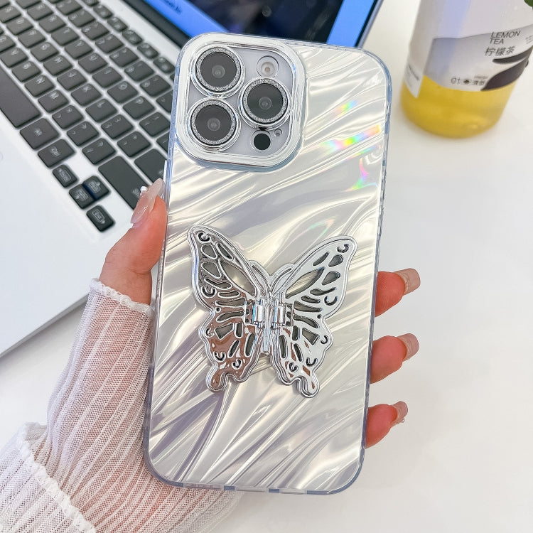 For iPhone 16 Pro Max Plating Glitter Texture Butterfly Holder TPU Phone Case with Lens Film(White Water Ripples) - iPhone 16 Pro Max Cases by PMC Jewellery | Online Shopping South Africa | PMC Jewellery | Buy Now Pay Later Mobicred