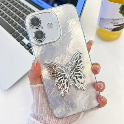 For iPhone 16 Plating Glitter Texture Butterfly Holder TPU Phone Case with Lens Film(White Tinfoil Texture) - iPhone 16 Cases by PMC Jewellery | Online Shopping South Africa | PMC Jewellery | Buy Now Pay Later Mobicred