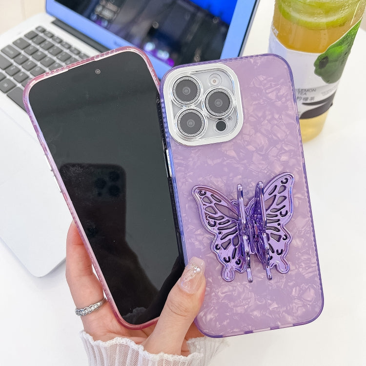 For iPhone 16 Plating Glitter Texture Butterfly Holder TPU Phone Case with Lens Film(White Tinfoil Texture) - iPhone 16 Cases by PMC Jewellery | Online Shopping South Africa | PMC Jewellery | Buy Now Pay Later Mobicred