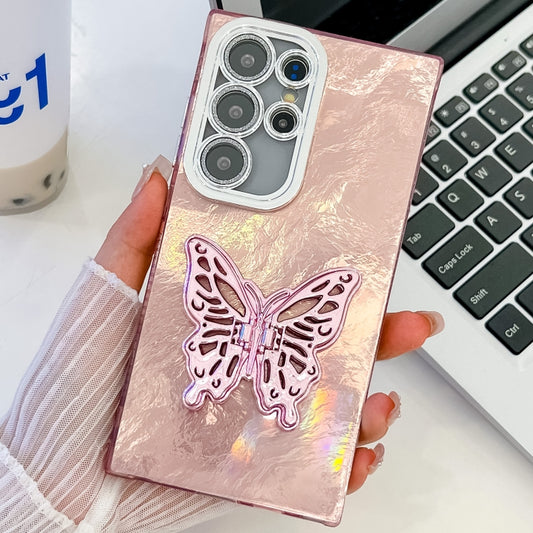 For Samsung Galaxy S25 Ultra 5G Plating Glitter Texture Butterfly Holder TPU Phone Case with Lens Film(Pink Tinfoil Texture) - Galaxy S25 Ultra 5G Cases by PMC Jewellery | Online Shopping South Africa | PMC Jewellery | Buy Now Pay Later Mobicred