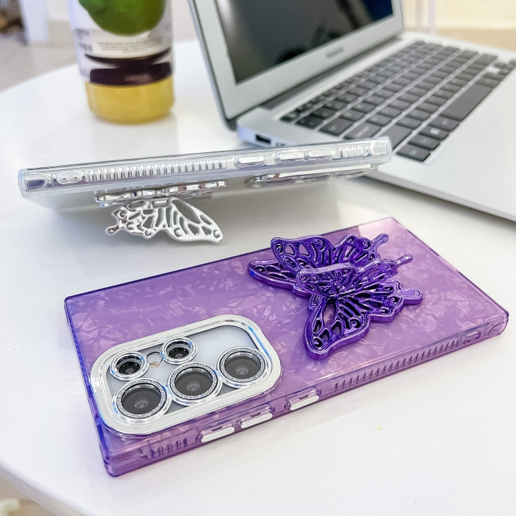 For Samsung Galaxy S25 Ultra 5G Plating Glitter Texture Butterfly Holder TPU Phone Case with Lens Film(White Water Ripples) - Galaxy S25 Ultra 5G Cases by PMC Jewellery | Online Shopping South Africa | PMC Jewellery | Buy Now Pay Later Mobicred