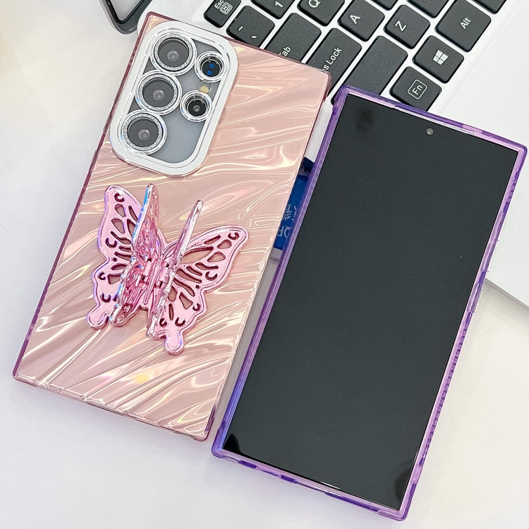 For Samsung Galaxy S25+ 5G Plating Glitter Texture Butterfly Holder TPU Phone Case with Lens Film(White Feather Yarn) - Galaxy S25+ 5G Cases by PMC Jewellery | Online Shopping South Africa | PMC Jewellery | Buy Now Pay Later Mobicred