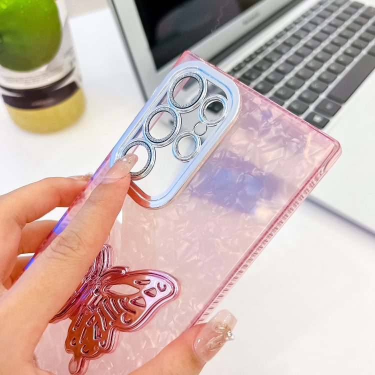 For Samsung Galaxy S25 Ultra 5G Plating Glitter Texture Butterfly Holder TPU Phone Case with Lens Film(Pink Water Ripples) - Galaxy S25 Ultra 5G Cases by PMC Jewellery | Online Shopping South Africa | PMC Jewellery | Buy Now Pay Later Mobicred