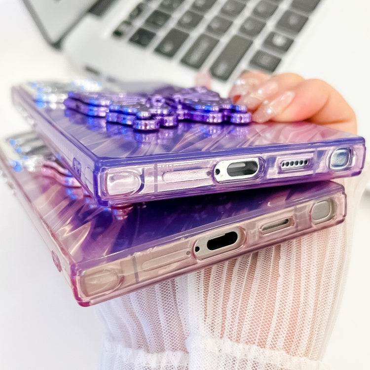 For Samsung Galaxy S25 Ultra 5G Plating Glitter Texture Butterfly Holder TPU Phone Case with Lens Film(Pink Shell Pattern) - Galaxy S25 Ultra 5G Cases by PMC Jewellery | Online Shopping South Africa | PMC Jewellery | Buy Now Pay Later Mobicred