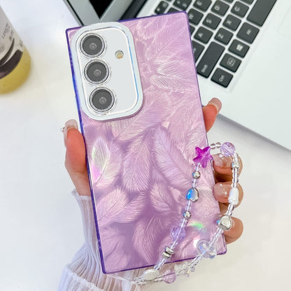 For Samsung Galaxy S25 5G Plating Glitter Texture Chain Wristband TPU Phone Case with Lens Film(Purple Feathers) - Galaxy S25 5G Cases by PMC Jewellery | Online Shopping South Africa | PMC Jewellery | Buy Now Pay Later Mobicred