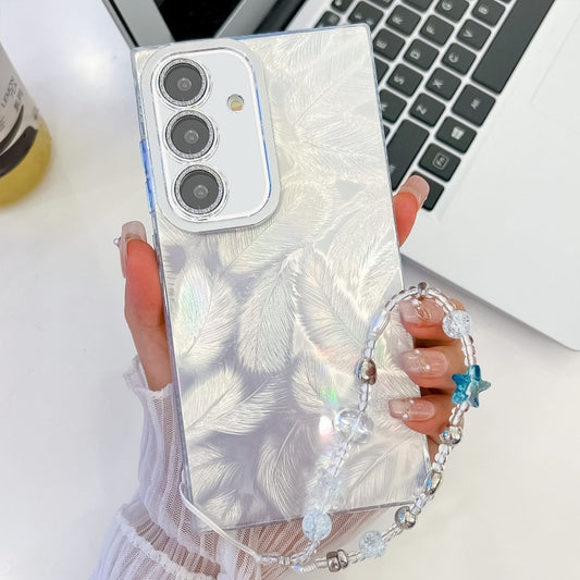 For Samsung Galaxy S25+ 5G Plating Glitter Texture Chain Wristband TPU Phone Case with Lens Film(White Feathers) - Galaxy S25+ 5G Cases by PMC Jewellery | Online Shopping South Africa | PMC Jewellery | Buy Now Pay Later Mobicred