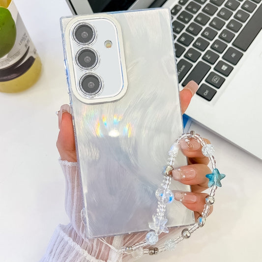 For Samsung Galaxy S25+ 5G Plating Glitter Texture Chain Wristband TPU Phone Case with Lens Film(White Feather Yarn) - Galaxy S25+ 5G Cases by PMC Jewellery | Online Shopping South Africa | PMC Jewellery | Buy Now Pay Later Mobicred