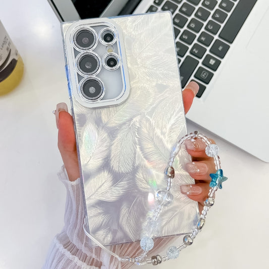 For Samsung Galaxy S25 Ultra 5G Plating Glitter Texture Chain Wristband TPU Phone Case with Lens Film(White Feathers) - Galaxy S25 Ultra 5G Cases by PMC Jewellery | Online Shopping South Africa | PMC Jewellery | Buy Now Pay Later Mobicred