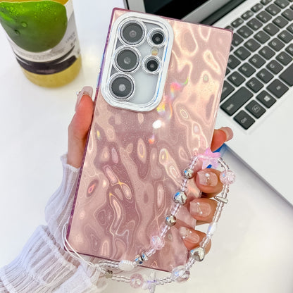 For Samsung Galaxy S25 Ultra 5G Plating Glitter Texture Chain Wristband TPU Phone Case with Lens Film(Pink Wrinkles) - Galaxy S25 Ultra 5G Cases by PMC Jewellery | Online Shopping South Africa | PMC Jewellery | Buy Now Pay Later Mobicred