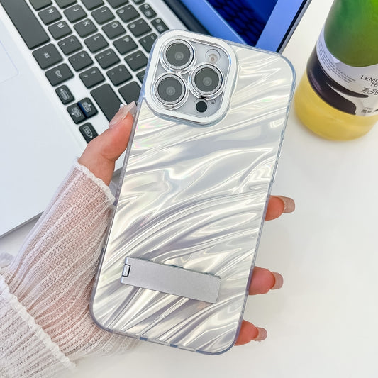 For iPhone 16 Pro Max Plating Glitter Texture Fold Holder TPU Phone Case with Lens Film(White Water Ripples) - iPhone 16 Pro Max Cases by PMC Jewellery | Online Shopping South Africa | PMC Jewellery | Buy Now Pay Later Mobicred