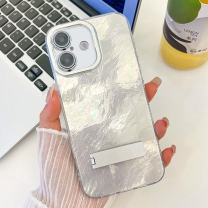 For iPhone 16 Plating Glitter Texture Fold Holder TPU Phone Case with Lens Film(White Tinfoil Texture) - iPhone 16 Cases by PMC Jewellery | Online Shopping South Africa | PMC Jewellery | Buy Now Pay Later Mobicred