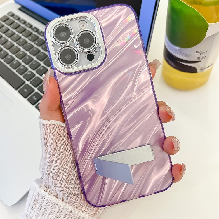 For iPhone 16e Plating Glitter Texture Fold Holder TPU Phone Case with Lens Film(Purple Feather Yarn) - iPhone 16e Cases by PMC TechLife | Online Shopping South Africa | PMC TechLife | Buy Now Pay Later Mobicred